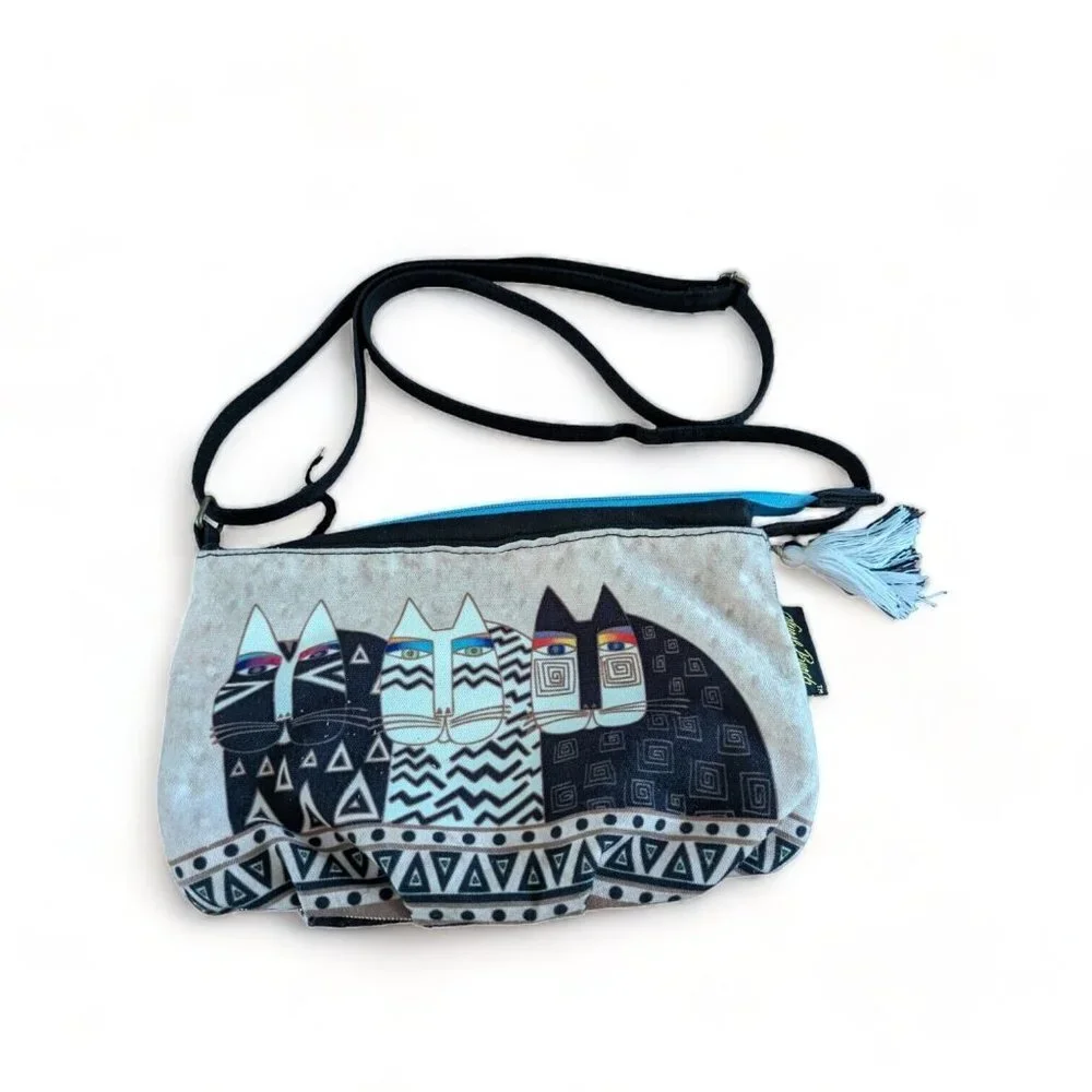 Wild Cats Laurel Burch Small Canvas Cross-Body Tote Bag Fun Crazy Cat Lady EUC